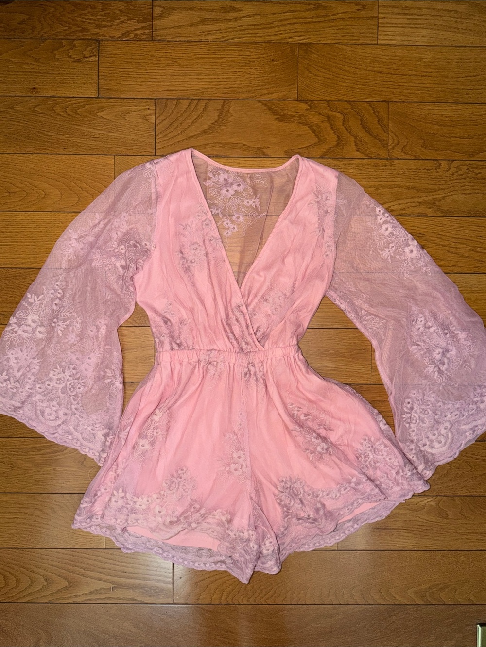 Pink Lace V-Neck Romper with Sheer Bell Sleeves